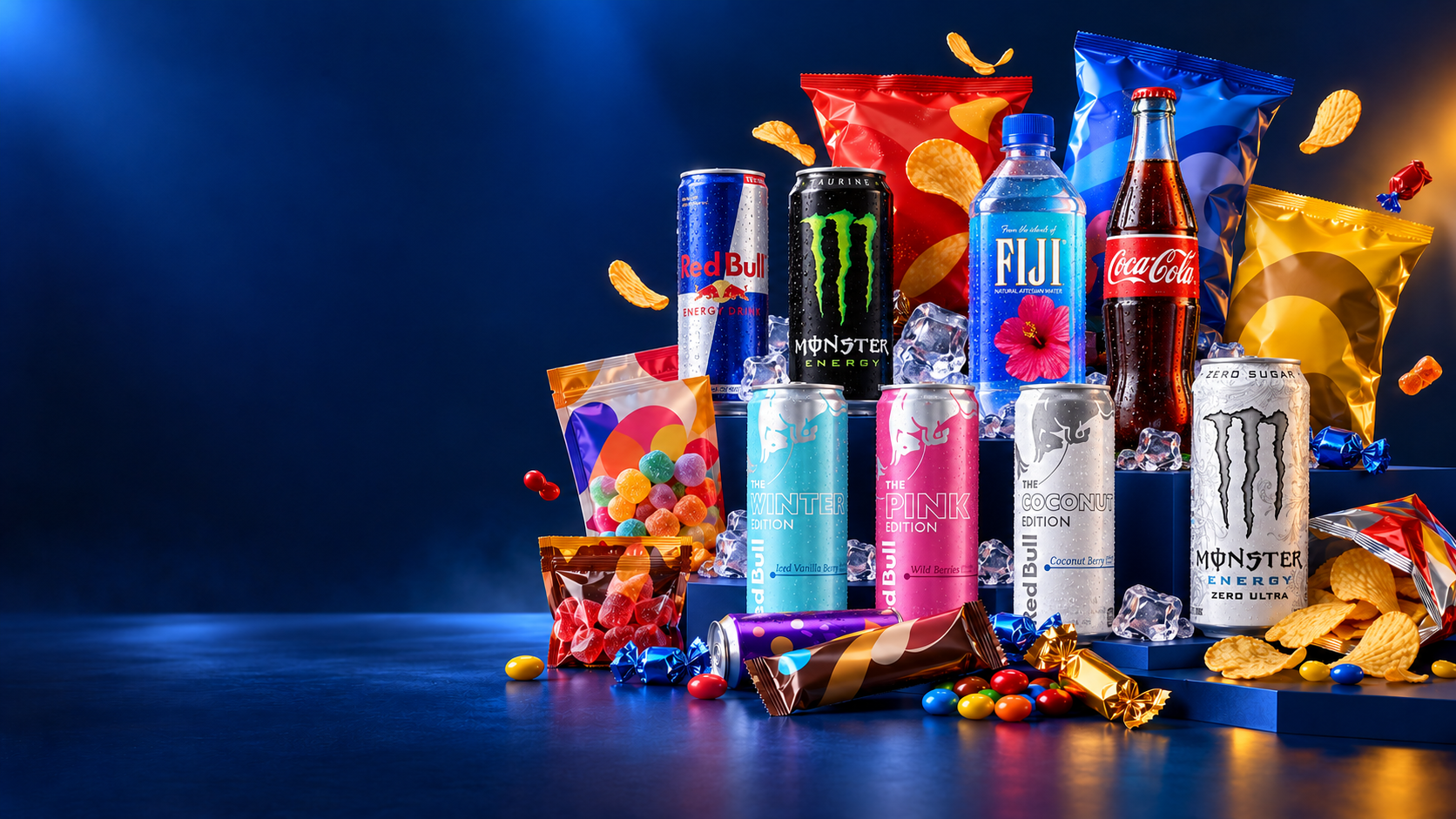 Colorful assortment of wholesale drinks, chips and candy