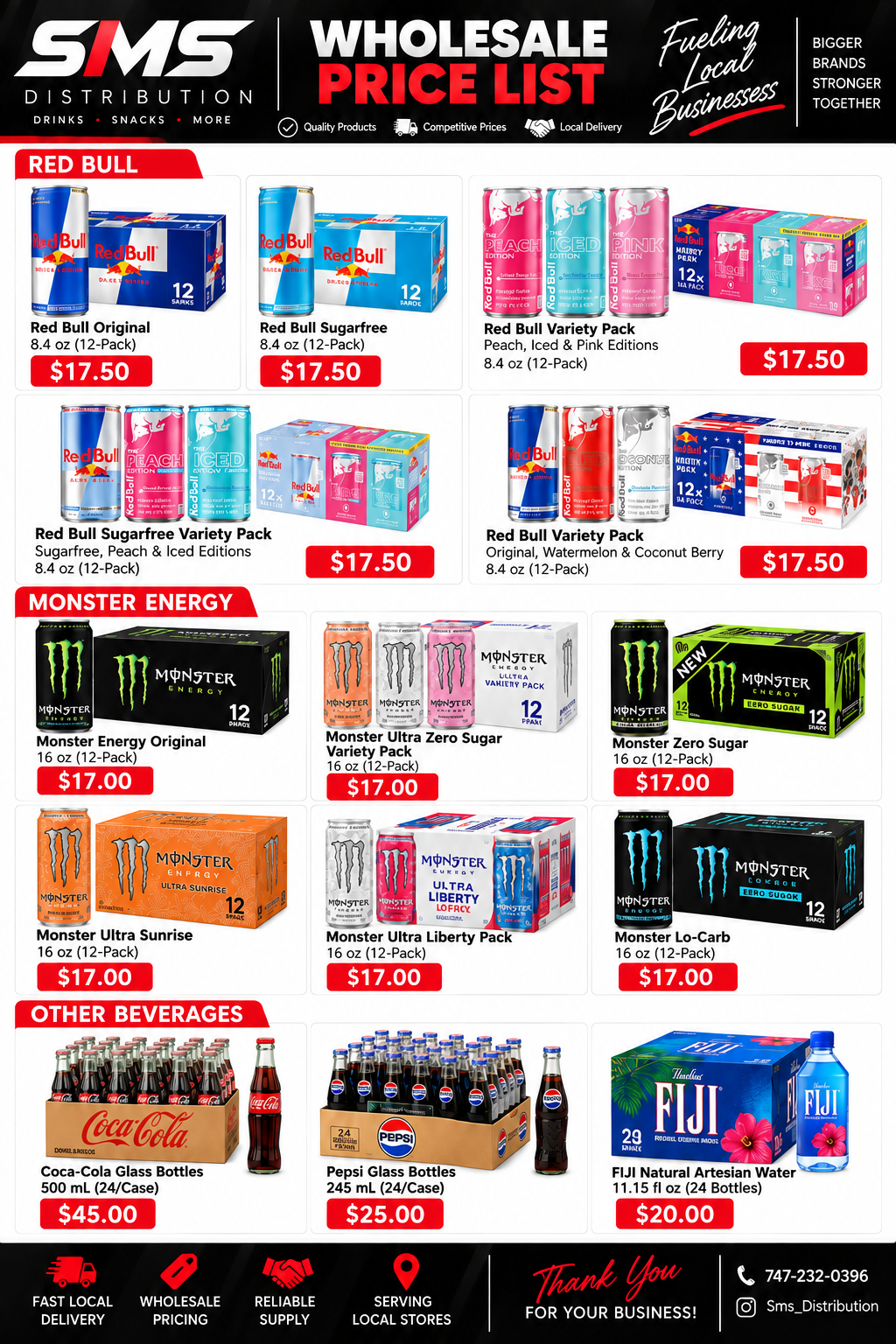 Candy Plug wholesale price list showing Red Bull, Monster, Coca-Cola, Pepsi and FIJI products